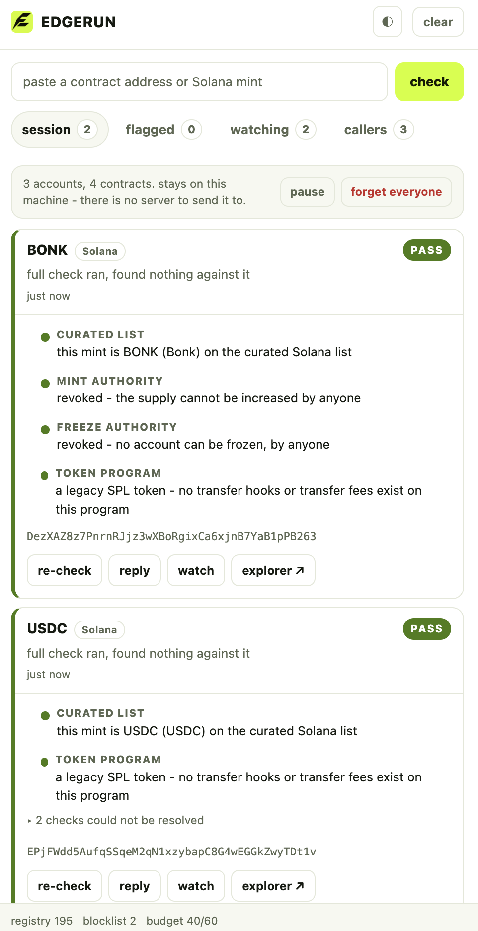 A mint read from the chain: who can create supply, who can freeze your account, and whether a transfer hook can reject the sale.