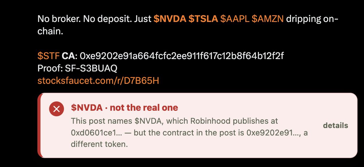 A post names $NVDA and pastes a contract. The badge lands under the text and says it is a different token - with both addresses and the chain it is on.